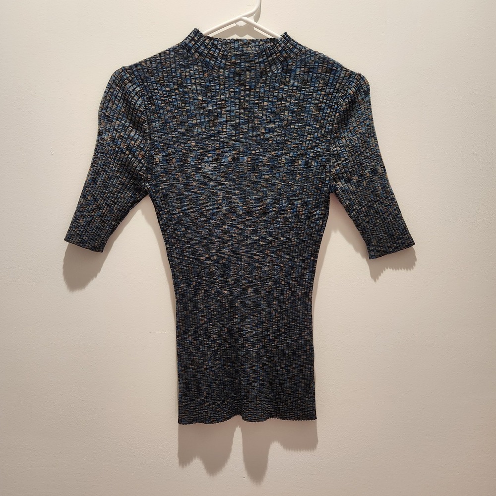 Elie Tahari Elbow Sleeve Mock Neck Blue Multicolor Stretchy Sweater-Petite Small